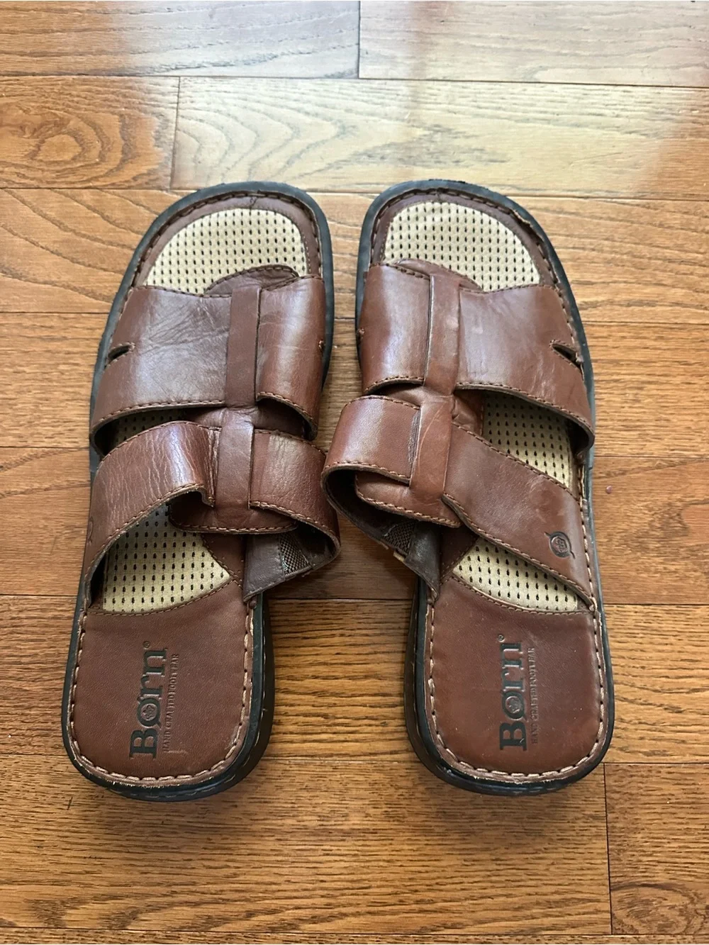 Born Brown Men's Leather Slide Sandals Cushioned Insole Size 13 Comfort Casual